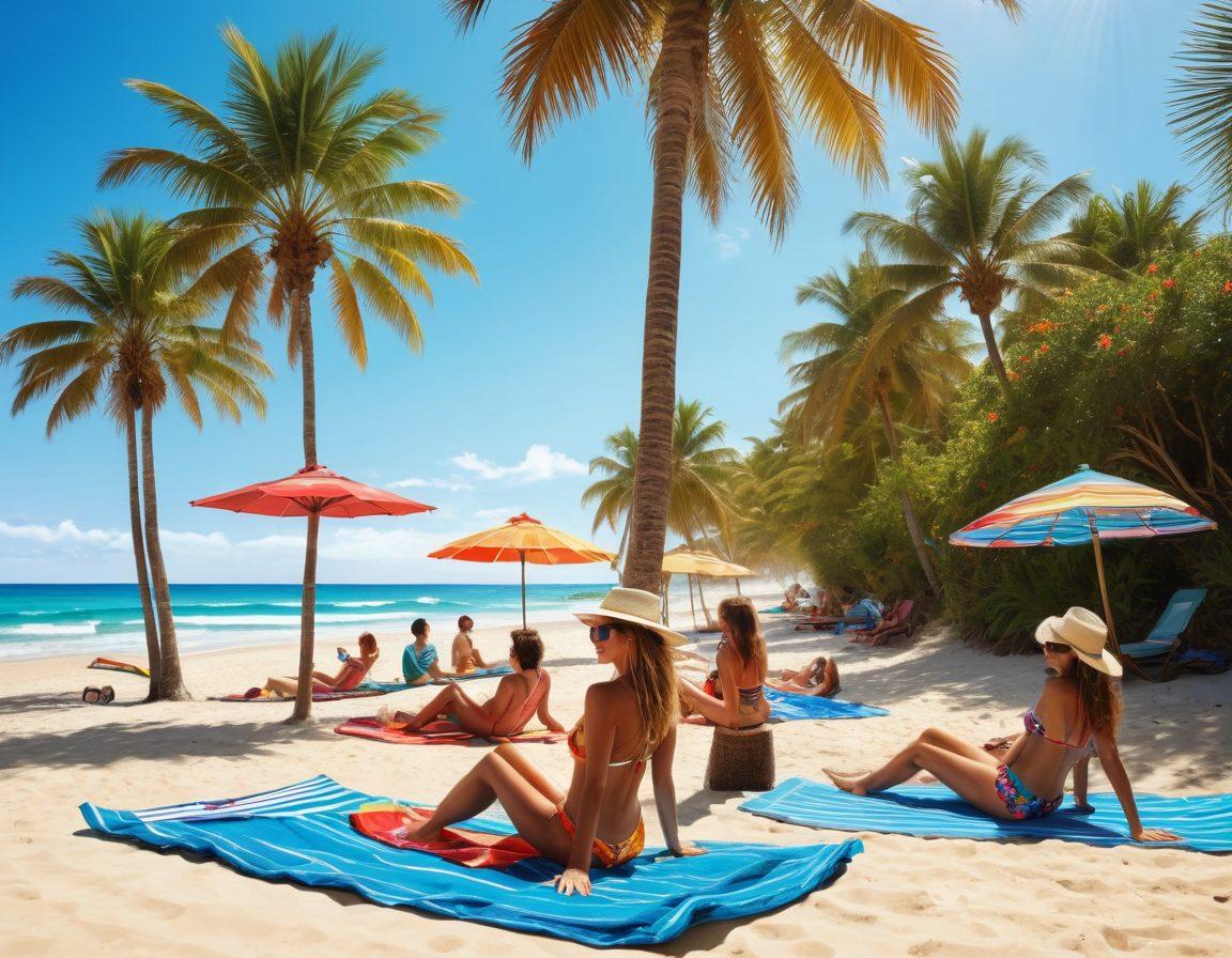 A vibrant beach scene featuring a diverse group of people engaged in sunbathing and various water sports like surfing and paddleboarding. The participants are dressed in stylish, colorful summer fashion - floral swimsuits, trendy sunglasses, and wide-brimmed hats. The sun blazes in a clear blue sky while palm trees sway in the background, capturing the essence of summer fun. Include playful beach accessories like beach balls and umbrellas for added flair. bright colors. illustration. digital art.